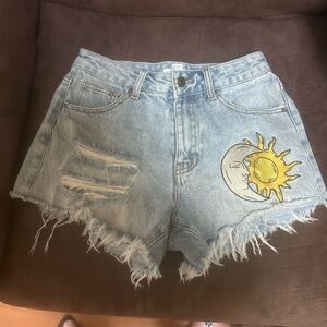 Forever 21 Light Blue Distressed Jean Shorts with Sun and Moon Patch